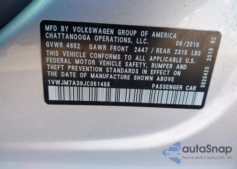 2018 Volkswagen Passat 3.6L V6 Gt from USA, damaged, VIN 1VWJM7A39JC051455